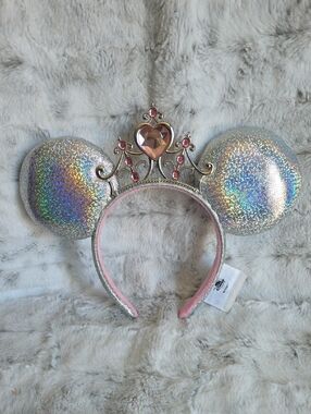 Disney Holographic Silver Minnie Ears Headband with Pink Jewel Tiara